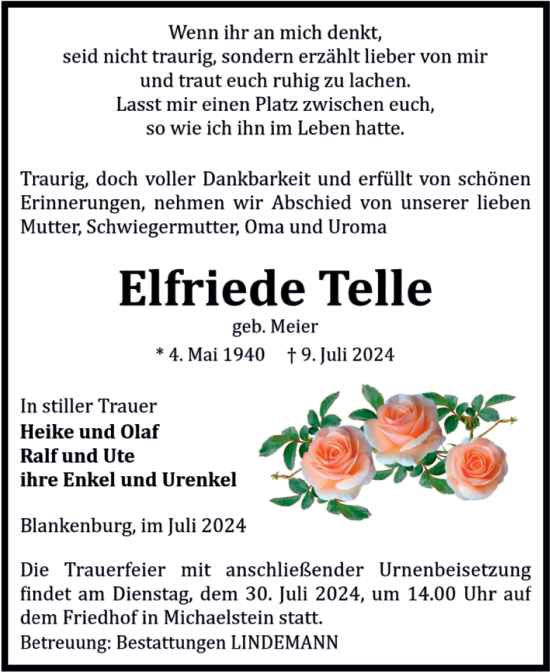 Traueranzeige von Elfriede Telle von Volksstimme Wernigerode