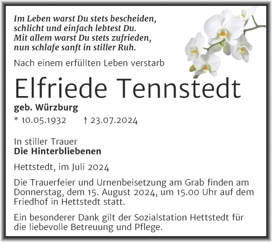 Traueranzeige von Elfriede Tennstedt von Trauerkombi Mansfelder Land