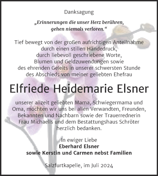 Traueranzeige von Elfriede Heidemarie Elsner von Trauerkombi Bitterfeld