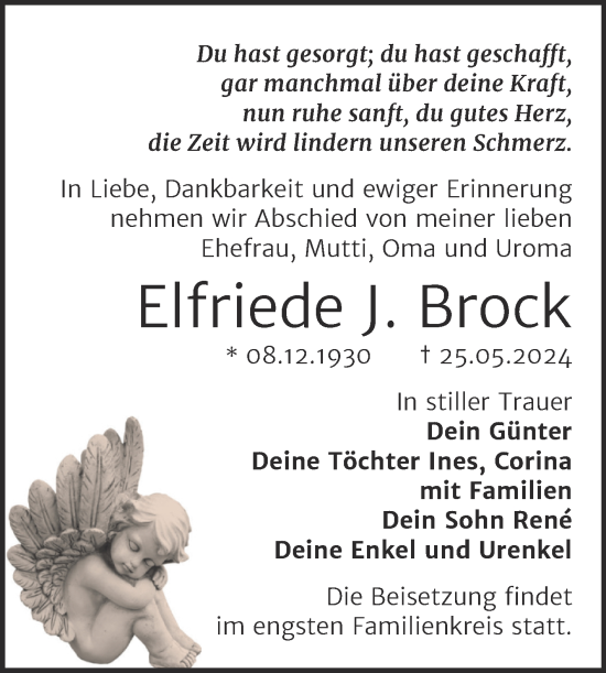 Traueranzeige von Elfriede J. Brock von Trauerkombi Wittenberg