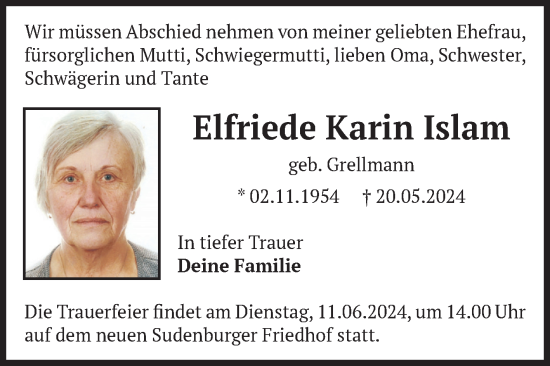 Traueranzeige von Elfriede Karin Islam von Volksstimme Magdeburg