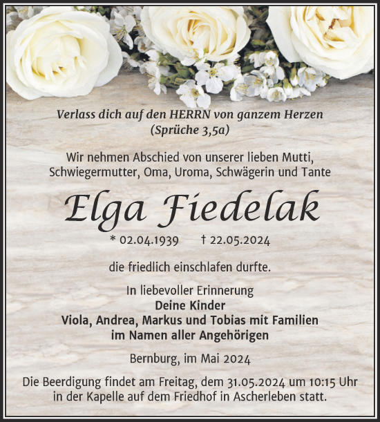 Traueranzeige von Elga Fiedelak von Mitteldeutsche Zeitung Bernburg