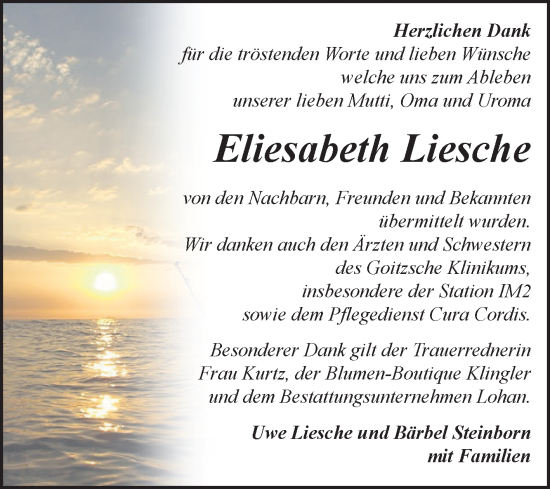 Traueranzeige von Eliesabeth Liesche von Trauerkombi Bitterfeld