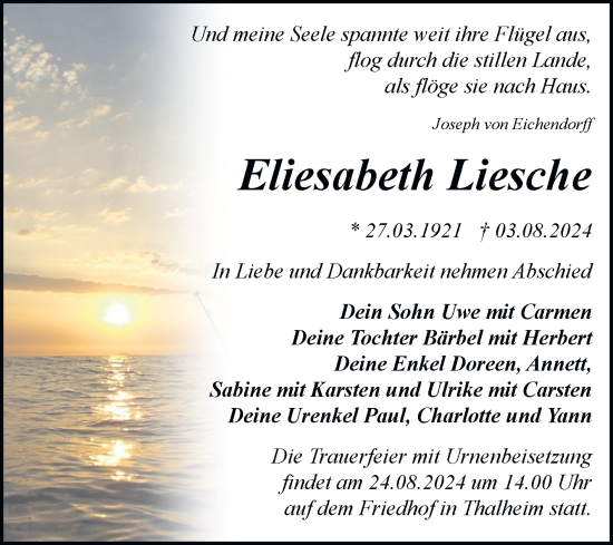 Traueranzeige von Eliesabeth Liesche von Trauerkombi Bitterfeld