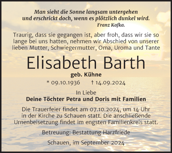 Traueranzeige von Elisabeth Barth von Volksstimme Halberstadt
