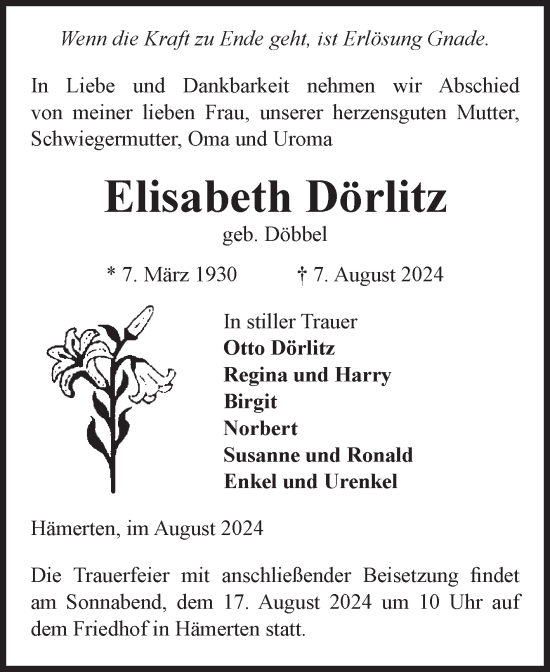 Traueranzeige von Elisabeth Dörlitz von Volksstimme Altmark Ost