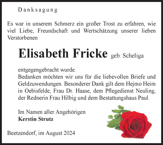 Traueranzeige von Elisabeth Fricke von Volksstimme Altmark West