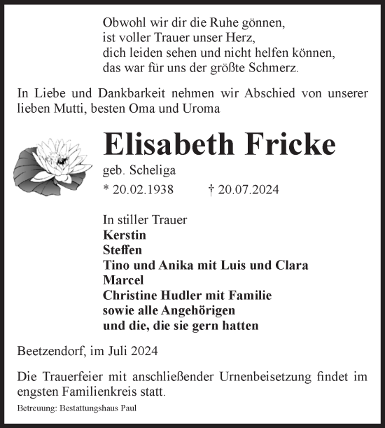 Traueranzeige von Elisabeth Fricke von Volksstimme Altmark West