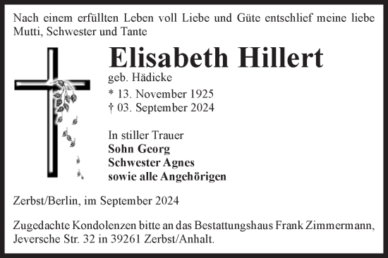 Traueranzeige von Elisabeth Hillert von Volksstimme Zerbst