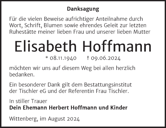 Traueranzeige von Elisabeth Hoffmann von Trauerkombi Wittenberg