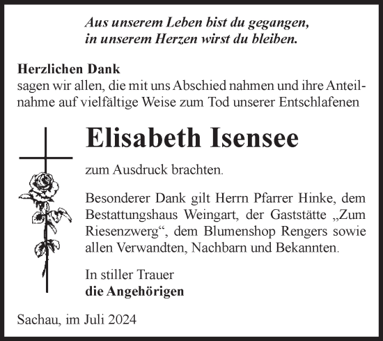 Traueranzeige von Elisabeth Isensee von Volksstimme Altmark West