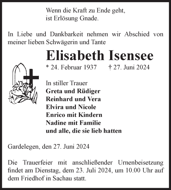 Traueranzeige von Elisabeth Isensee von Volksstimme Altmark West