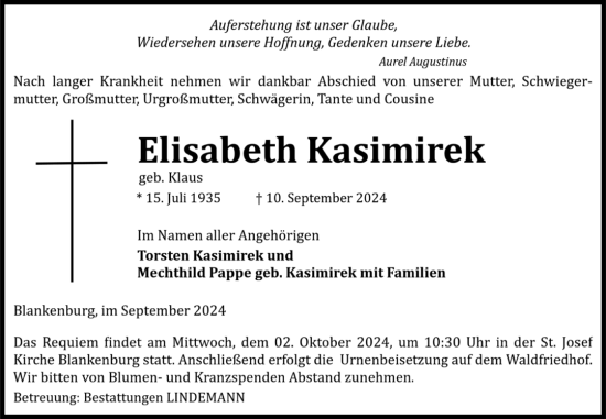 Traueranzeige von Elisabeth Kasimirek von Volksstimme Wernigerode