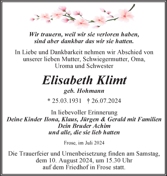Traueranzeige von Elisabeth Klimt von Trauerkombi Aschersleben