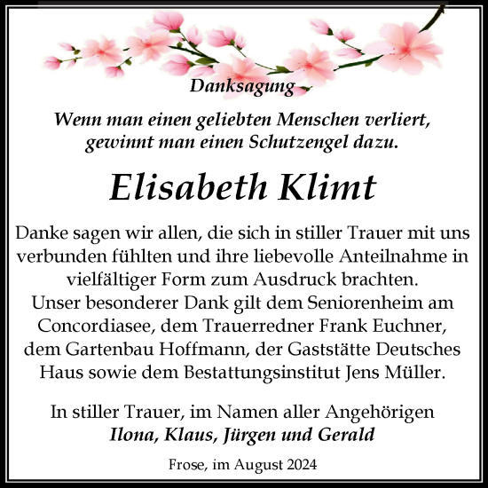 Traueranzeige von Elisabeth Klimt von Trauerkombi Aschersleben