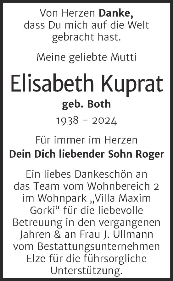 Traueranzeige von Elisabeth Kuprat von Trauerkombi Dessau