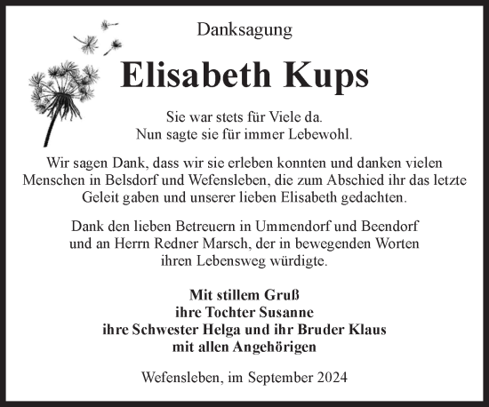 Traueranzeige von Elisabeth Kups von Volksstimme Oschersleben/Wanzleben