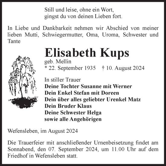 Traueranzeige von Elisabeth Kups von Volksstimme Oschersleben/Wanzleben