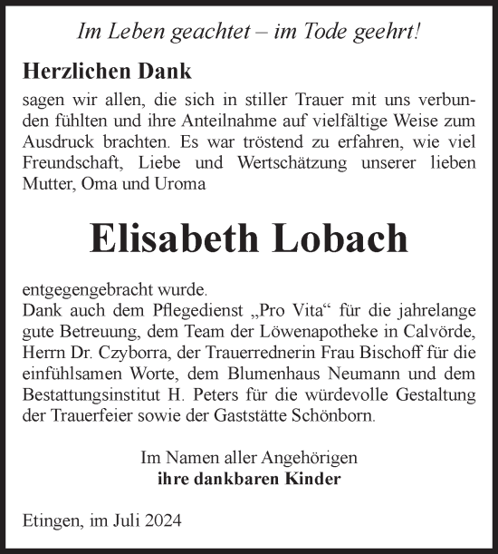 Traueranzeige von Elisabeth Lobach von Volksstimme Haldensleben/Wolmirstedt