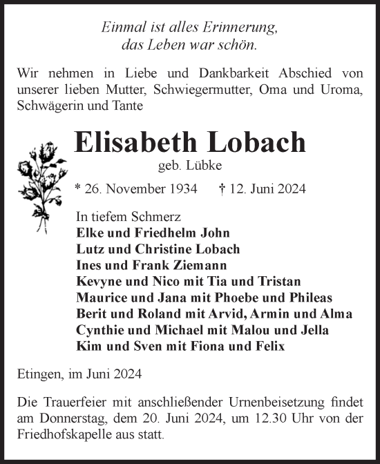 Traueranzeige von Elisabeth Lobach von Volksstimme Haldensleben/Wolmirstedt