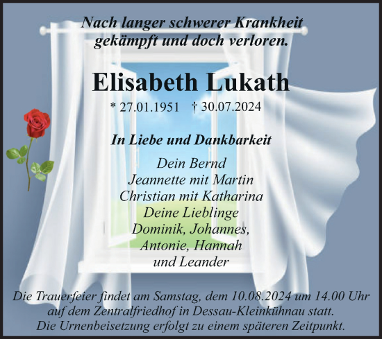 Traueranzeige von Elisabeth Lukath von Mitteldeutsche Zeitung Dessau-Roßlau