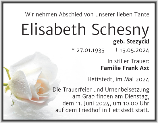 Traueranzeige von Elisabeth Schesny von Trauerkombi Mansfelder Land