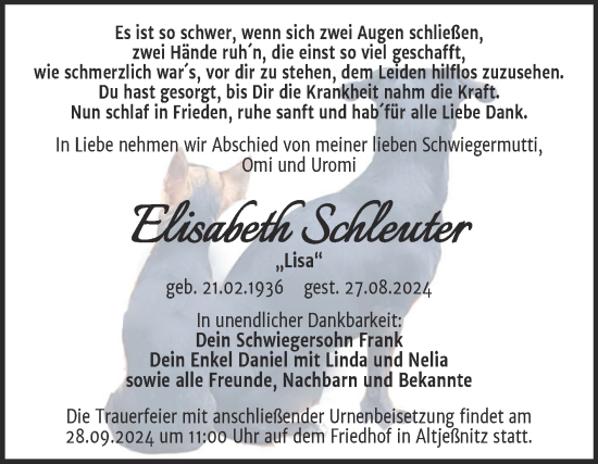 Traueranzeige von Elisabeth Schleuter von Trauerkombi Bitterfeld