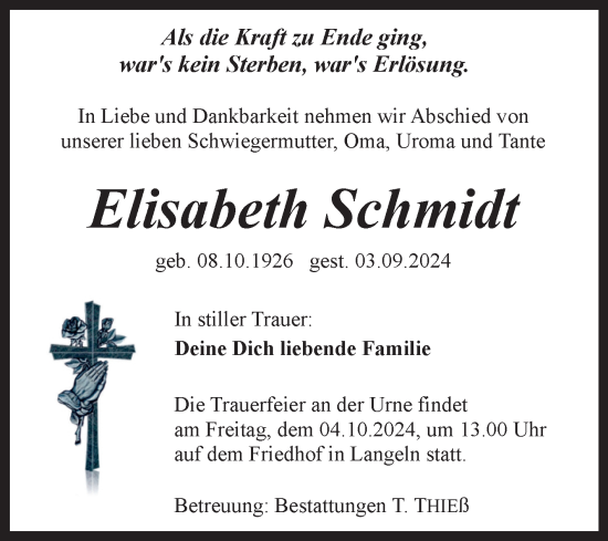Traueranzeige von Elisabeth Schmidt von Volksstimme Wernigerode