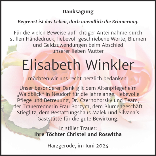 Traueranzeige von Elisabeth Winkler von Trauerkombi Quedlinburg