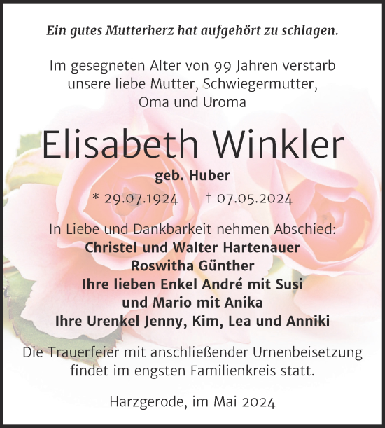 Traueranzeige von Elisabeth Winkler von Trauerkombi Quedlinburg