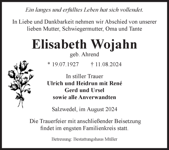 Traueranzeige von Elisabeth Wojahn von Volksstimme Altmark West