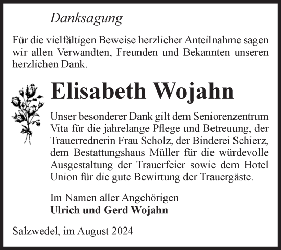 Traueranzeige von Elisabeth Wojahn von Volksstimme Altmark West