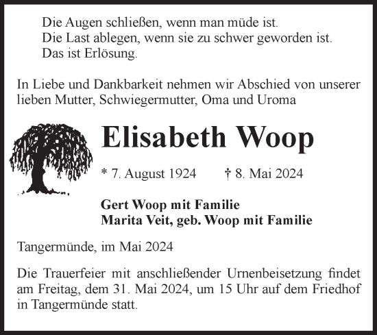 Traueranzeige von Elisabeth Woop von Volksstimme Altmark Ost