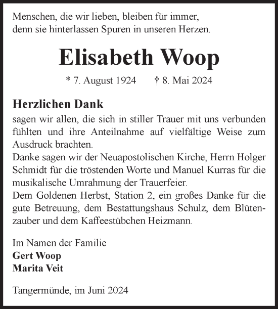 Traueranzeige von Elisabeth Woop von Volksstimme Altmark Ost