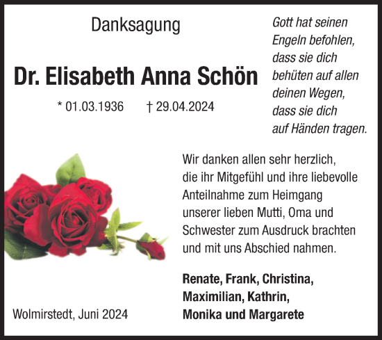 Traueranzeige von Elisabeth Anna Schön von Volksstimme Haldensleben/Wolmirstedt