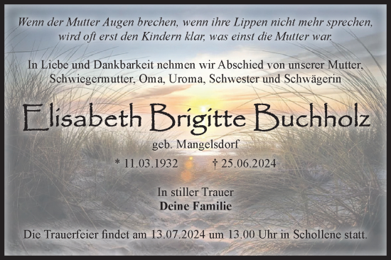 Traueranzeige von Elisabeth Brigitte Buchholz von Volksstimme Altmark Ost