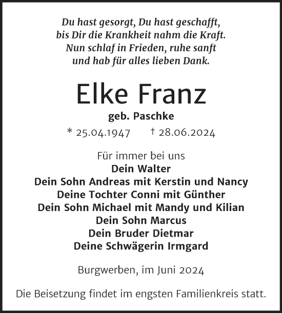 Traueranzeige von Elke Franz von Trauerkombi Weißenfels