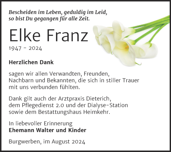 Traueranzeige von Elke Franz von Trauerkombi Weißenfels