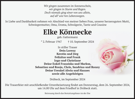 Traueranzeige von Elke Könnecke von Volksstimme Wernigerode