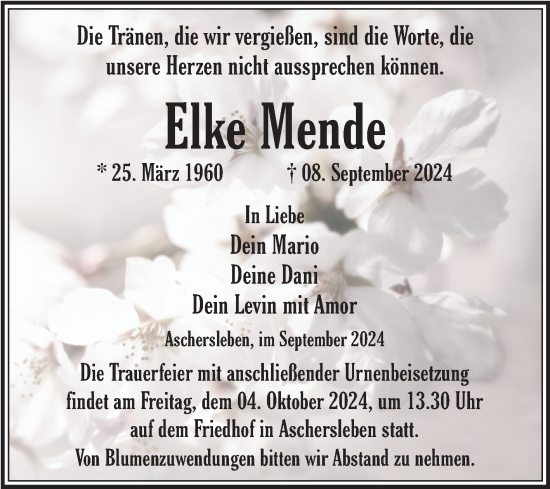 Traueranzeige von Elke Mende von Super Sonntag Aschersleben