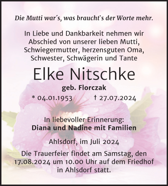 Traueranzeige von Elke Nitschke von Trauerkombi Mansfelder Land