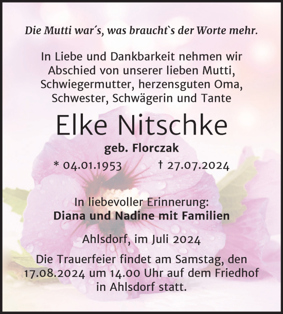 Traueranzeige von Elke Nitschke von Trauerkombi Mansfelder Land