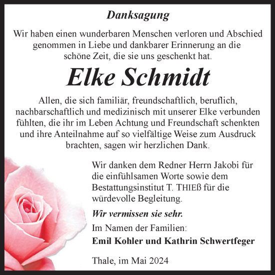 Traueranzeige von Elke Schmidt von Trauerkombi Quedlinburg