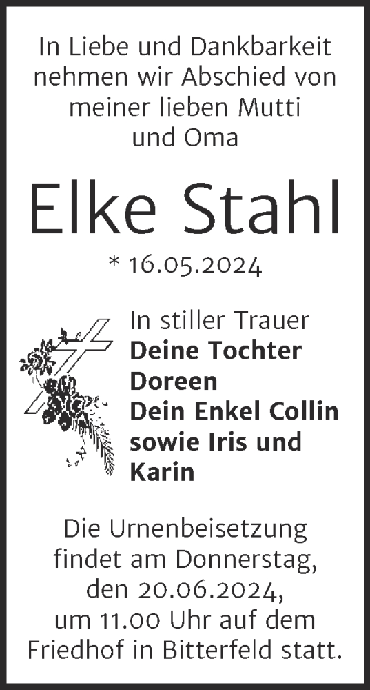 Traueranzeige von Elke Stahl von Trauerkombi Bitterfeld