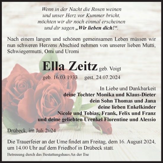 Traueranzeige von Ella Zeitz von Volksstimme Wernigerode