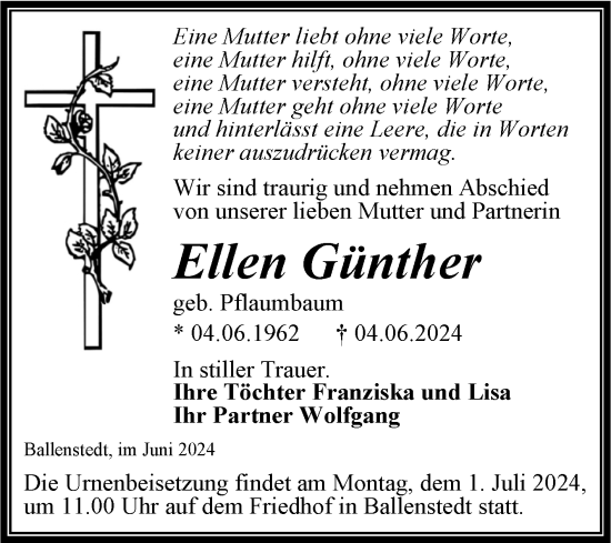 Traueranzeige von Ellen Günther von Trauerkombi Quedlinburg
