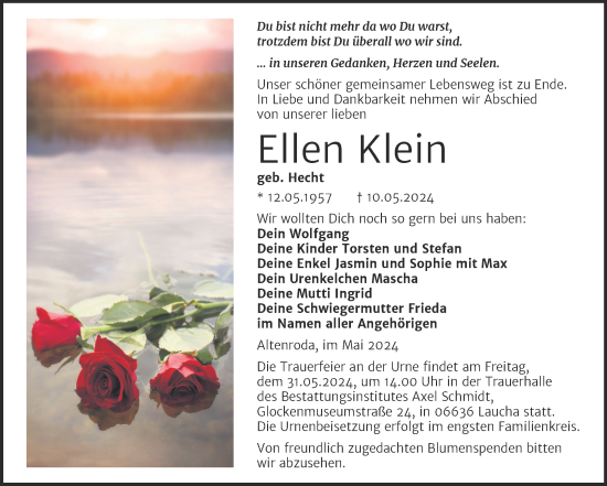 Traueranzeige von Ellen Klein von Super Sonntag Naumburg/Nebra