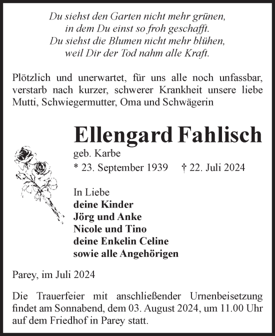 Traueranzeige von Ellengard Fahlisch von Volksstimme Burg/Genthin