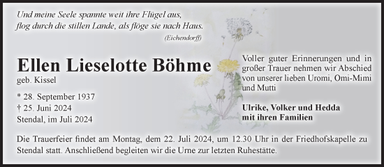 Traueranzeige von Ellen Lieselotte Böhme von Volksstimme Altmark Ost