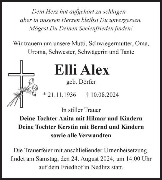 Traueranzeige von Elli Alex von Volksstimme Zerbst
